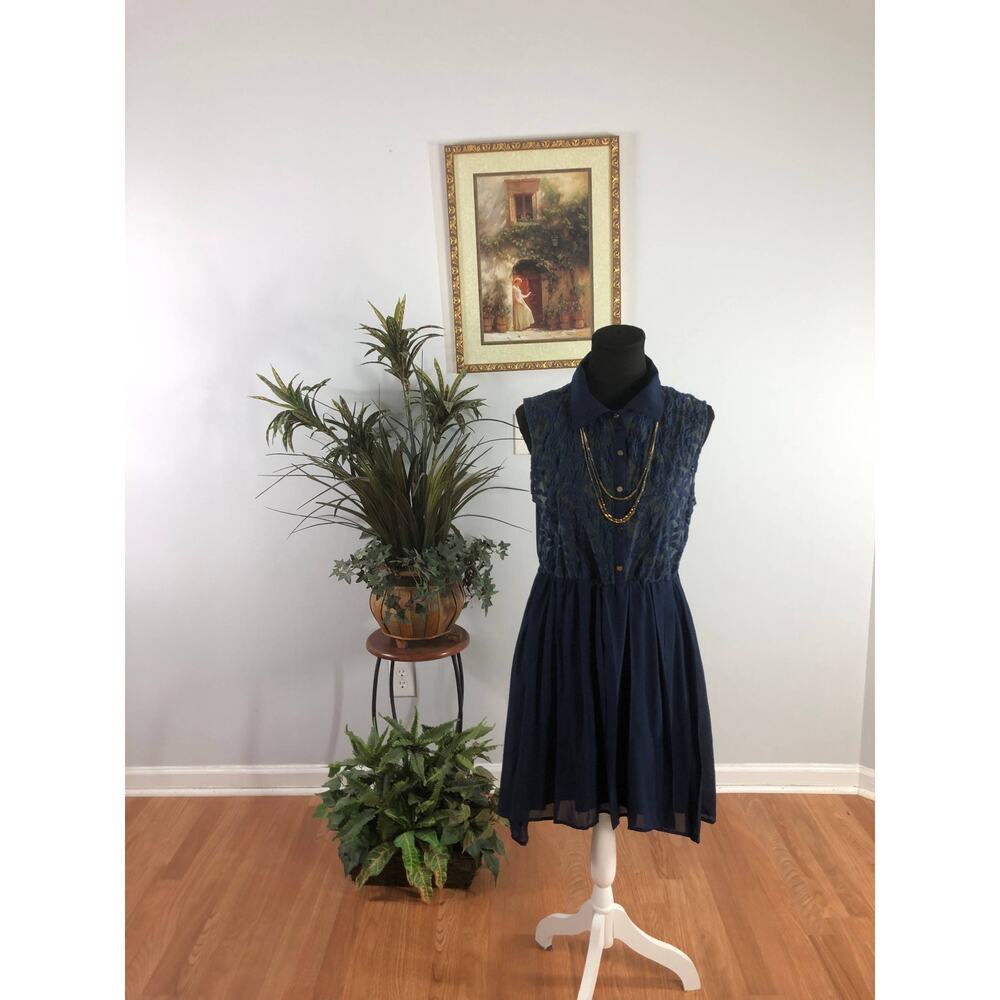 Umgee USA Dress Women's Size Medium Navy‎ Cotton Blend Sleeveless Collared